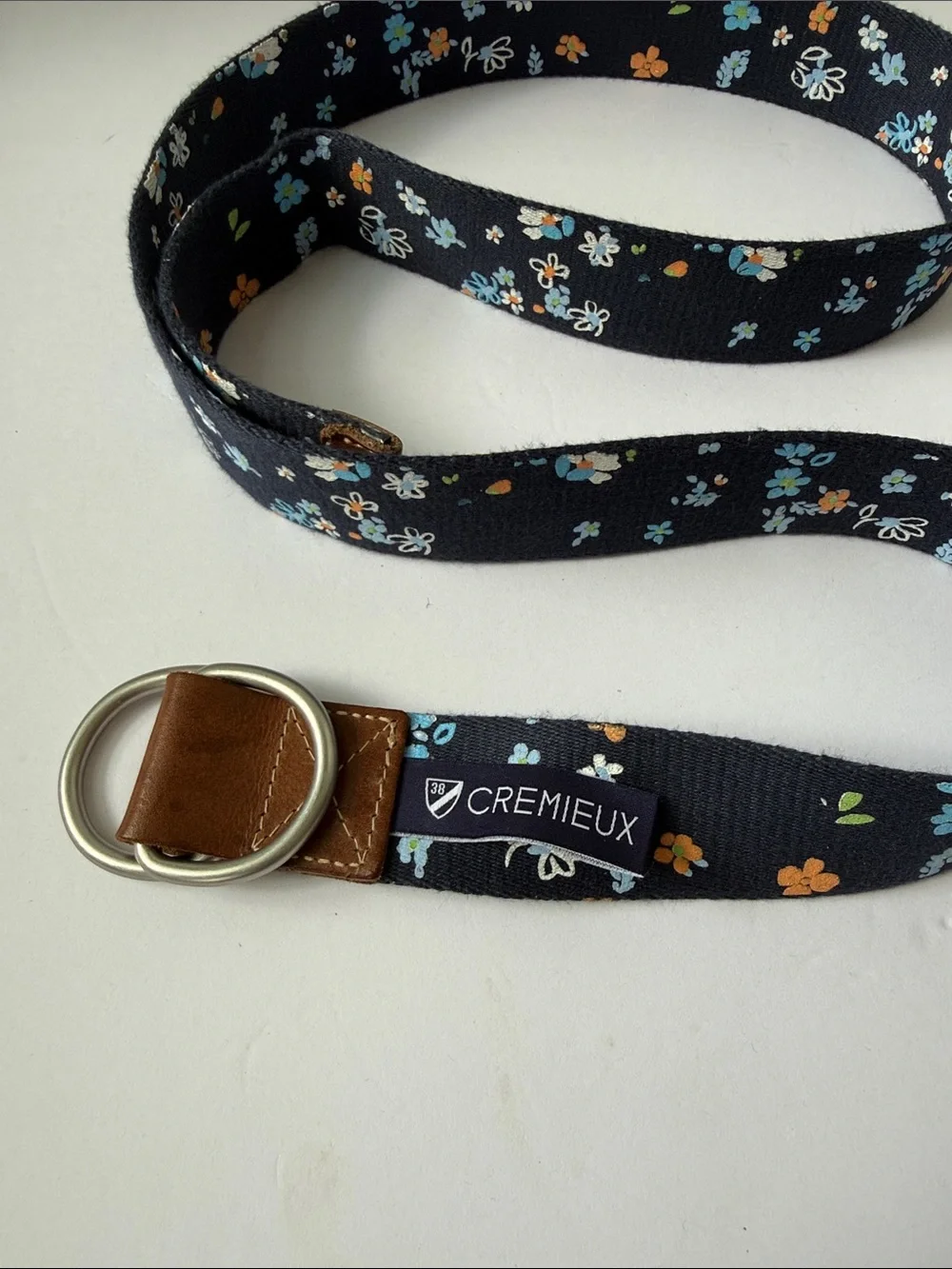 Men,s Cremieox Navy Floral Fabric Belt with Blue and Orange Accents #614
